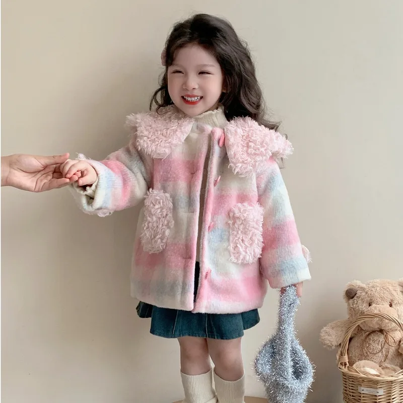 Girls Padded Thickened Jacket Autumn and Winter 2024 New Children's Woolen Coat Foreign Style Baby Winter Internet Celebrity Top