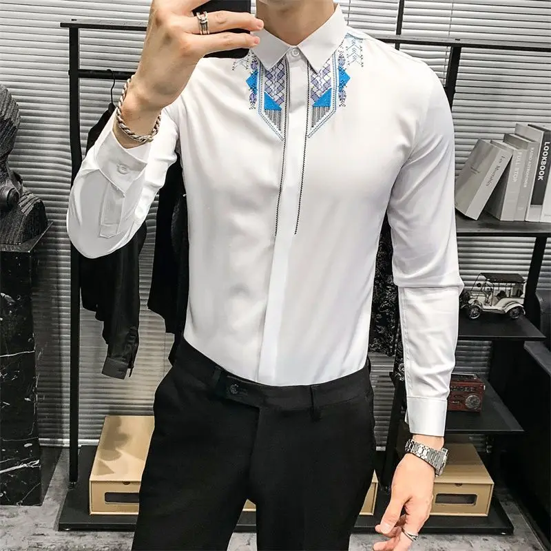 Embroidered Men's Shirt Long Sleeved Slim Fit Trendy Personalized Shirt Hairstylist Solid Color Slim Fit Shirt