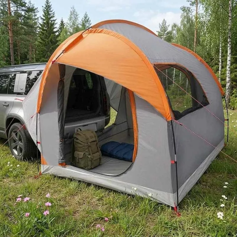 Autozelt, Campingzelt, Outdoor-Zelt, mit Vordach, Grau und Orange, 239x210x210 cm, Polyester und Stahl, robust, langlebig, geräumig, für Camping, Garten, Terrasse, Party, einfacher Aufbau,