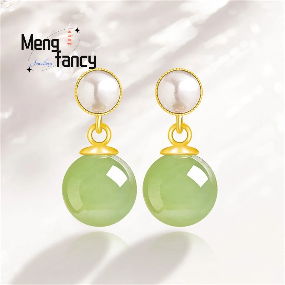 

Genuine S925 Silver Earrings Set With Natural Hetian Jade, Jasper, Round Beads And Jade, Fashionable And Simple Women's Earrings