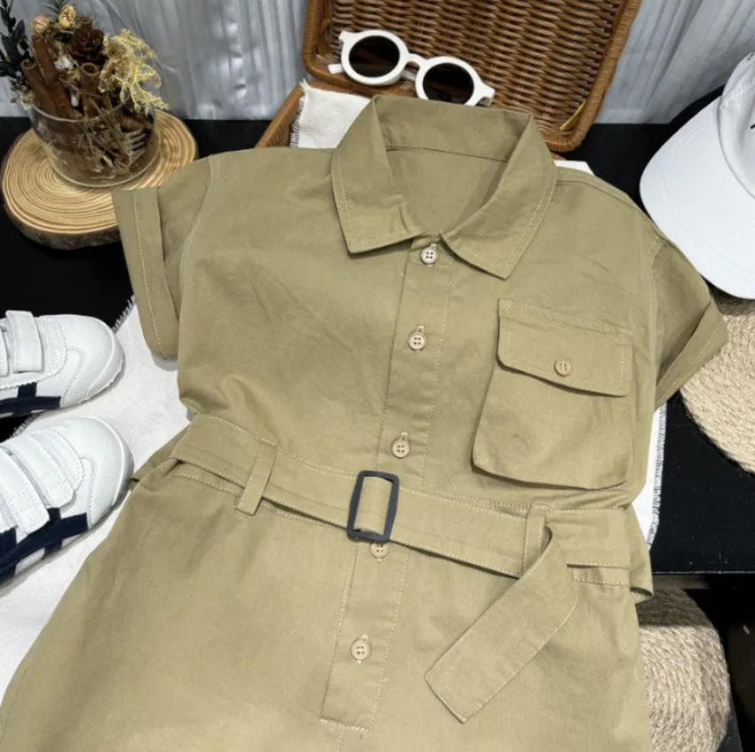 Children's short sleeved jumpsuit summer boys' lapel jumpsuit Girl baby lapel solid color fashionable clothing set