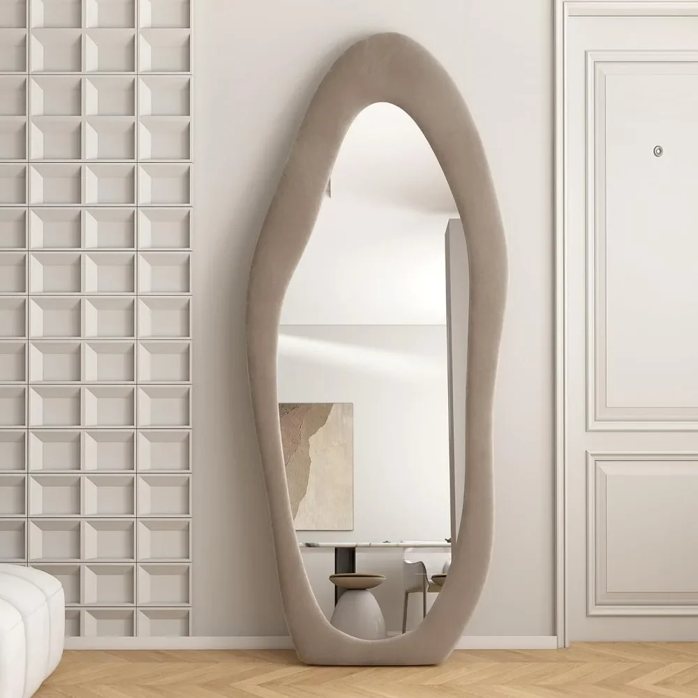 

63" X 24" Wavy Floor Mirror, Flannel Wrapped Frame Irregular Large Wall Mirror,Hang or Lean Against the Wall,Full Length Mirrors