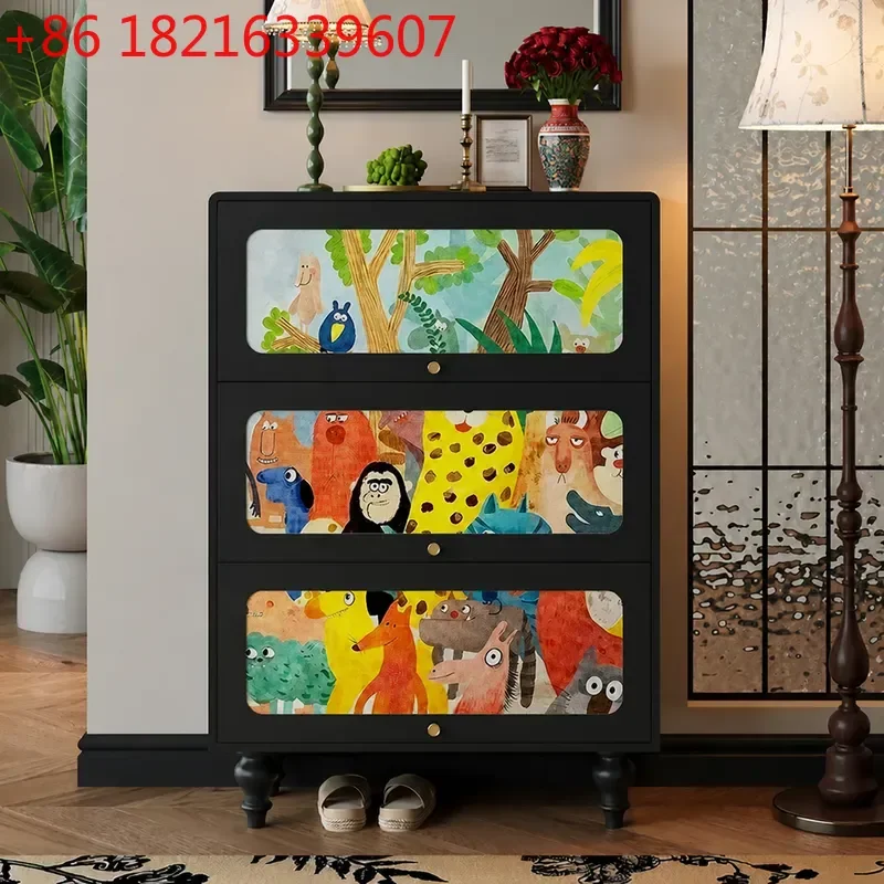 YAOAbstract Oil Painting Shoe Cabinet Entryway Storage Unit Living Room Wall Mounted Solid Wood Functional Locker for Home