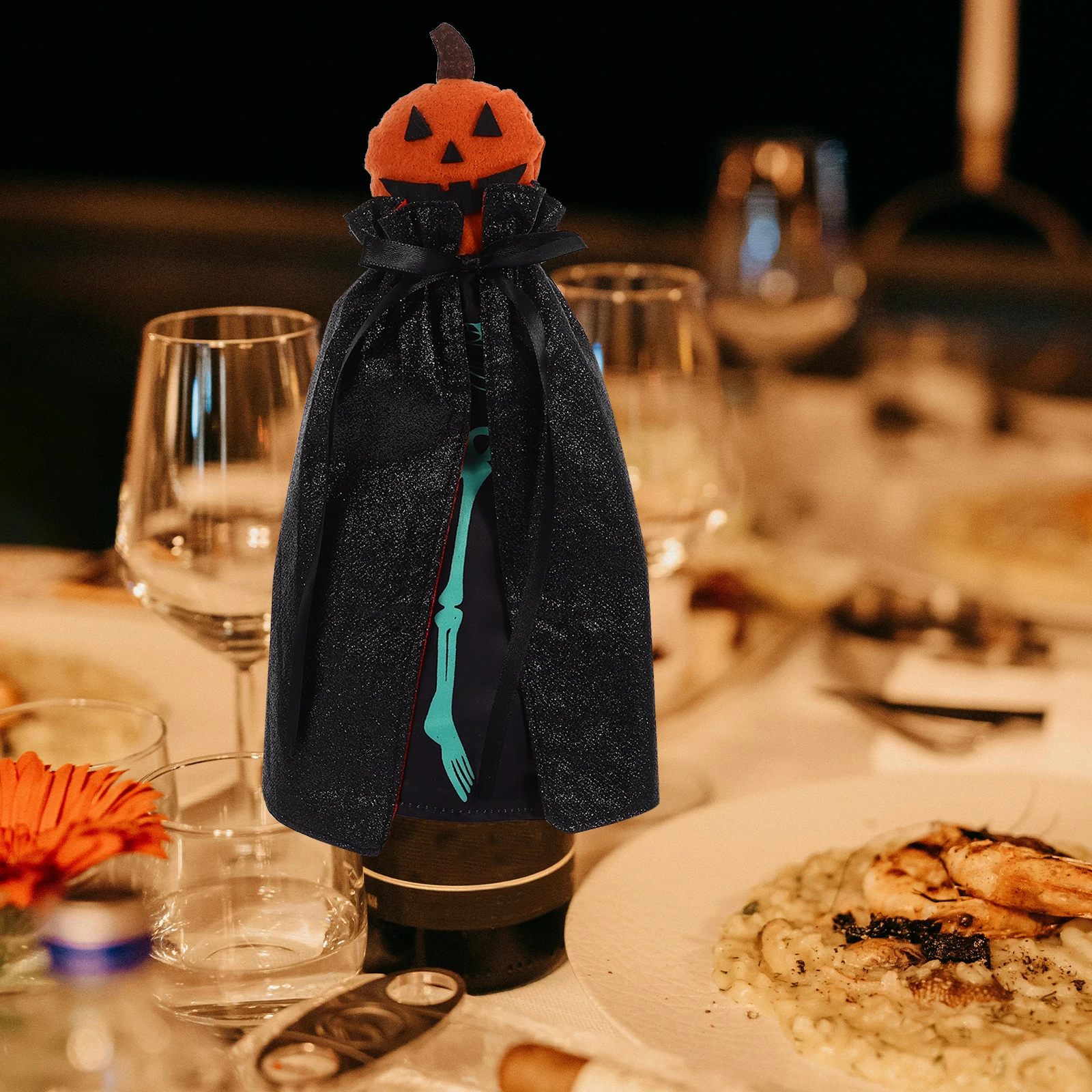 

Halloween Skull Pumpkin Wine Bottle Cover Soft Fabric Cape Decorative Bottle Sleeve Halloween Party Decoration Reusable Wine