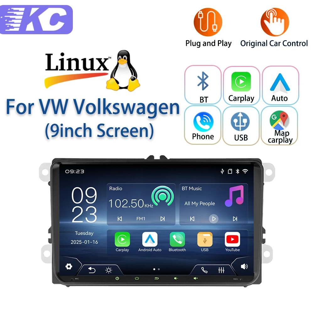 

Для VW Volkswagen (экран 9 дюймов) 2026: Новая система Linux, беспроводной CarPlay, Auto FM, Bluetooth, музыка, видео, мультимедийные проигрыватели, камеры