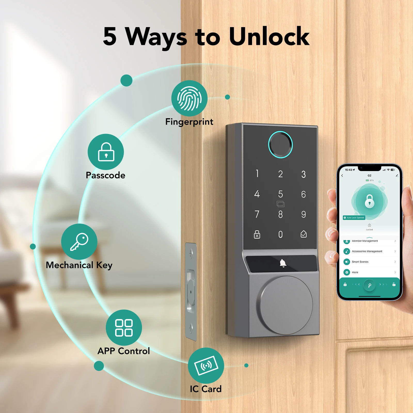 Smart Lock, Fingerprint Keyless Entry Door Lock with Doorbell, Electronic Deadbolt with App Control, Waterproof, with Bluetooth