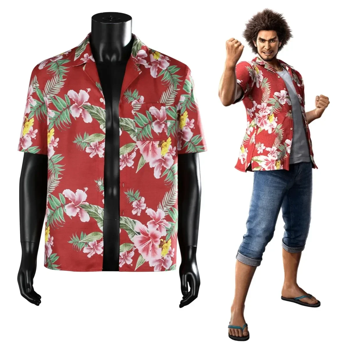 Red Floral Printed Ichiban Kasuga Cosplay Shirt Like A Dragon Cosplay Costume Summer Vacation Short Sleeve Outfit for Man