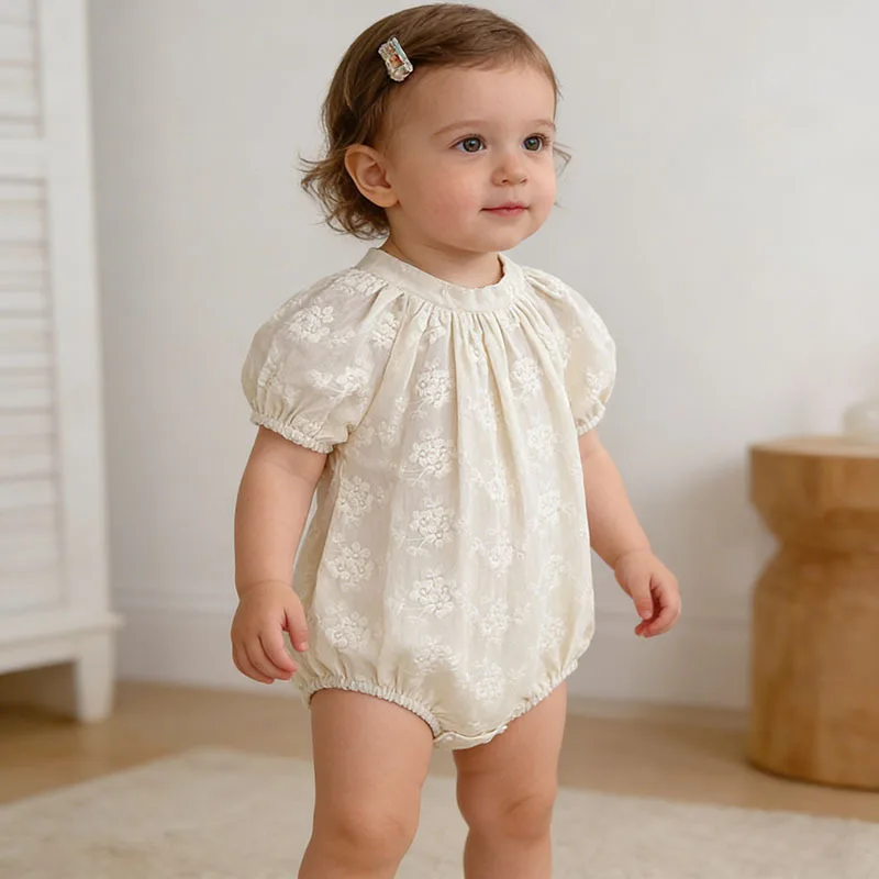 

Baby Girl Beige Korean Style Simple Embroidery Triangle Bodysuit Romper Newborn Infant Lightweight Summer Casual Outfits 0-24M