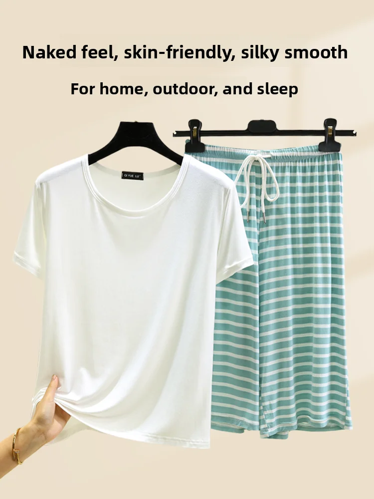 

Short Sleeve Modal Sleepwear Pants Women Summer Thin Loose Home Clothes round Neck T-Shirt Seven Pants Casual Set