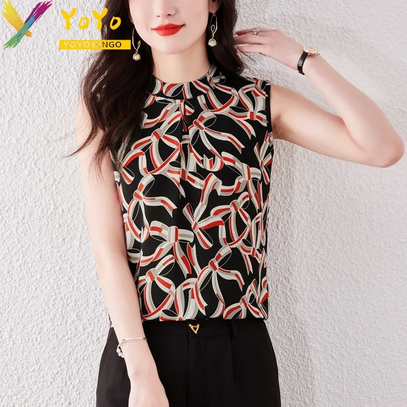 Fashion Women\'s Elegant Chiffon Black Bow Print Blouse Summer New 2024 Sleeveless Pullover Top Office Lady Formal Shirts