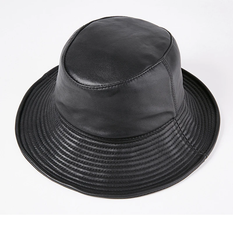 2023 New Spring/Winter Japanese Women Genuine Leather Bucket Hats Men/Women Black Fisherman Caps Easy Carry Street Bonnet