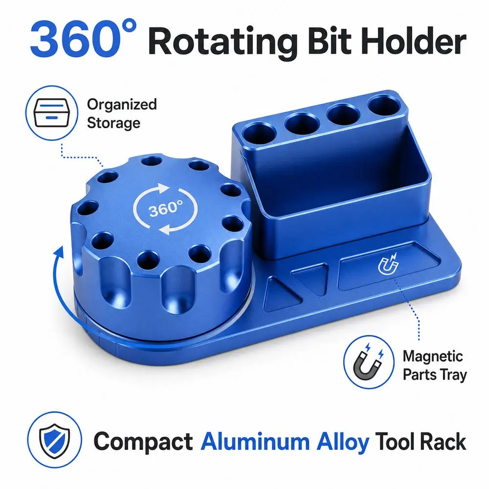 Aluminum Alloy Screwdriver Organizer 360 Degree Rotating Multi-Slot Structure Tool Storage Rack Anodized Finish