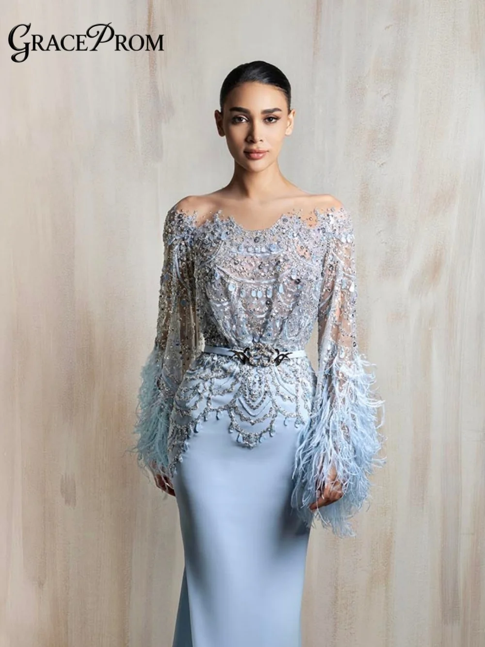 

Glamorous Off The Shoulder Feather Sleeve Evening Dress 2026 Beaded Sequin Carpet Gown Elegant Formal Party Gown فساتين سهرة