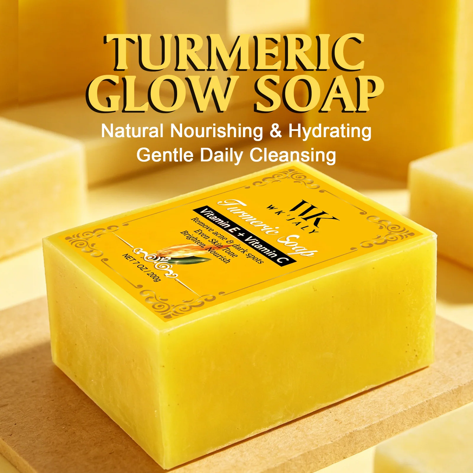 

WK JALY Natural Turmeric Soap, Brighten Dull, Uneven Complexion, Fade Acne, Dark Spots, Hyperpigmentation, With Vitamin C, 200g