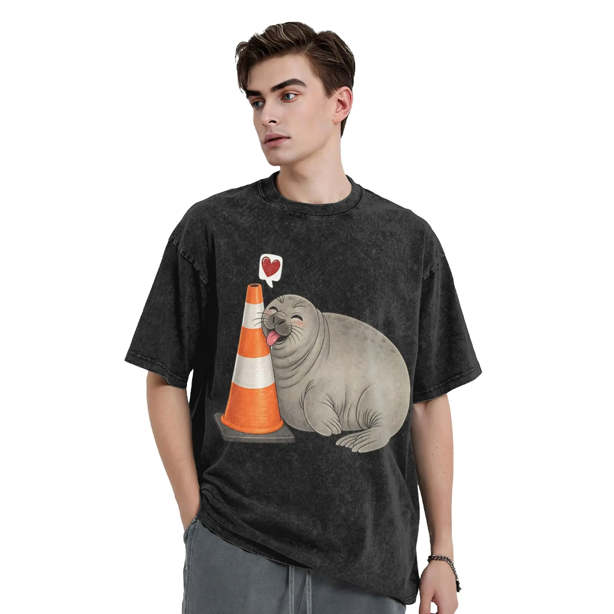 Neil the Seal Cute Elephant Seal HuggingTraffic Cone Washed T Shirt Streetwear Hip Hop T-Shirts Animal Tees Men Women Graphic