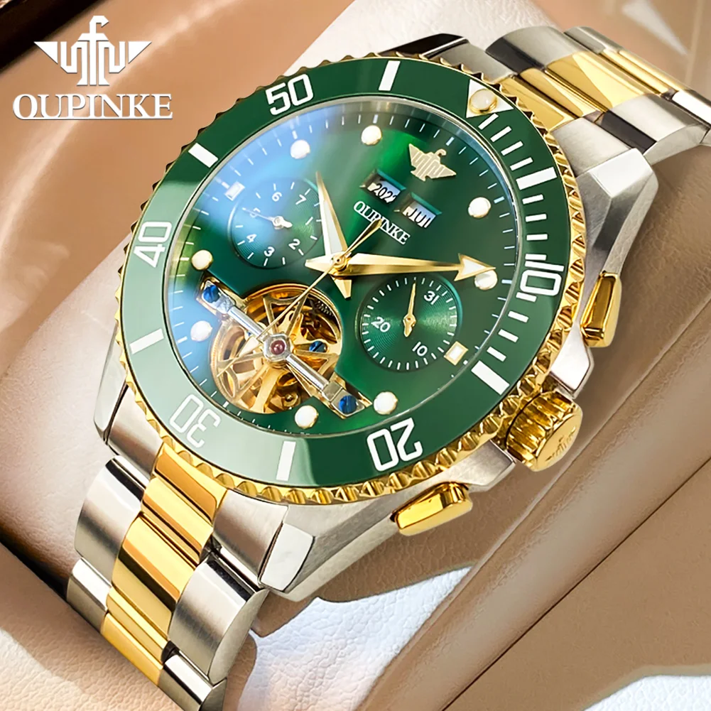 OUPINKE Original Men's Watches Year Month Week Calendar Stainless Steel Strap Waterproof Luminous Luxury Sapphire Mirror Surface