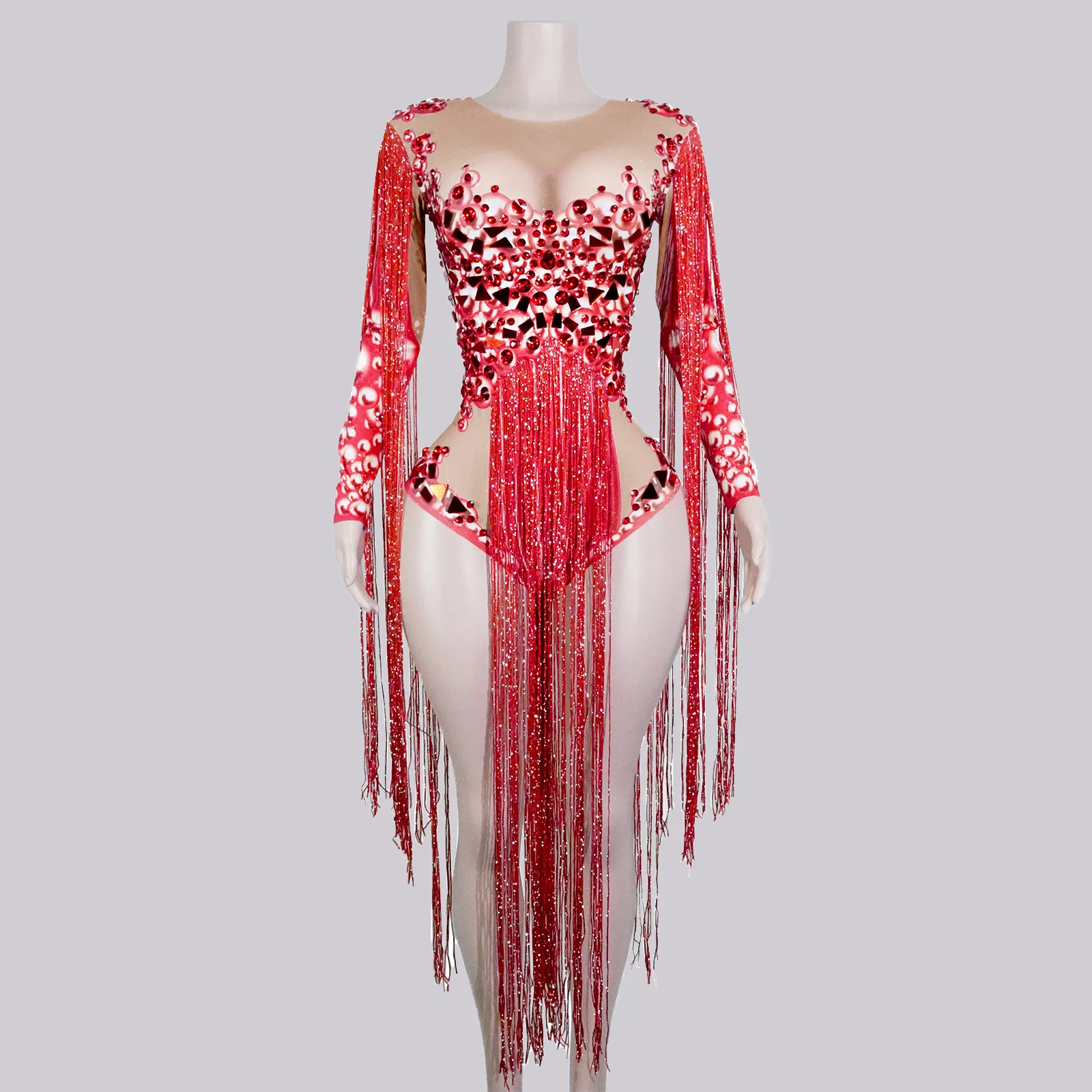 Błyszczący Czerwony Kombinezon z Frędzlami z Cyrkonii, Strój do Tańca z Efektem Lustra, Kostiumy dla Showgirl, Strój Drag Queen, Strój Gogo na Występy, Kostium na Scenę do Klubu Nocnego