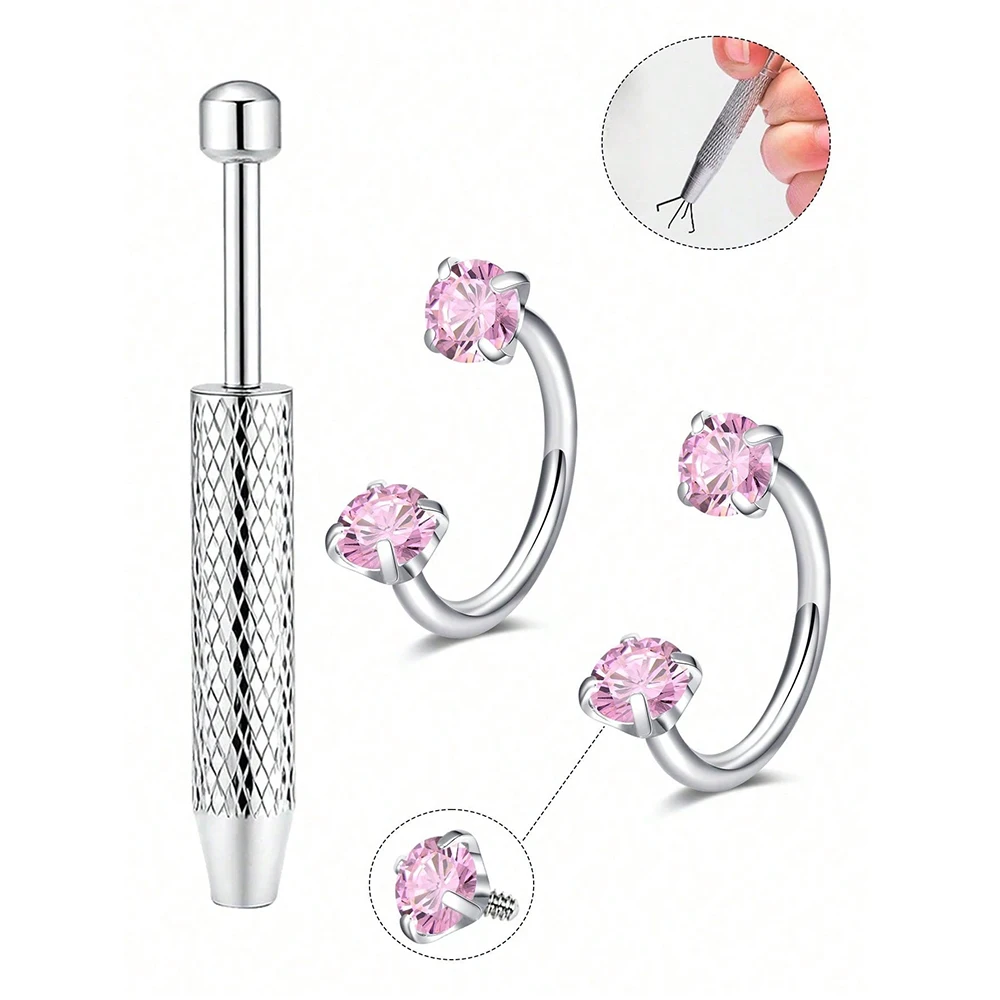 18G 2 Stück Hufeisen-Nasenringe mit 1 Stück Piercing Taper Ball Grabber, Edelstahl Doppel-Zirkonia-Nasenbolzen – Detail 12