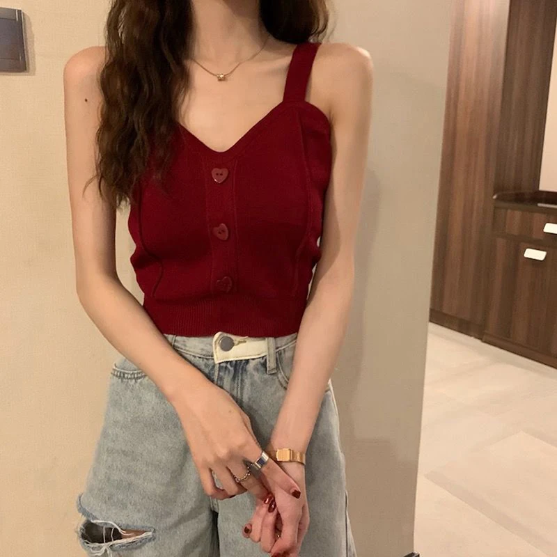 Women Sweet Crop Top Summer Fashion V-Neck Love Button Sleeveless Knitted Camisole