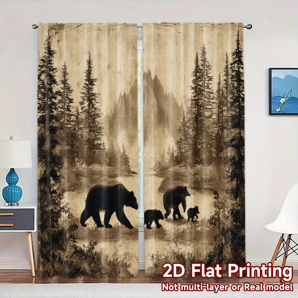 2pcs, 2D FLAT PRINTING Curtains (Without Rod) Bear Family Forest Contemporary Modern Curtains Machine Washable Fabric Curtains