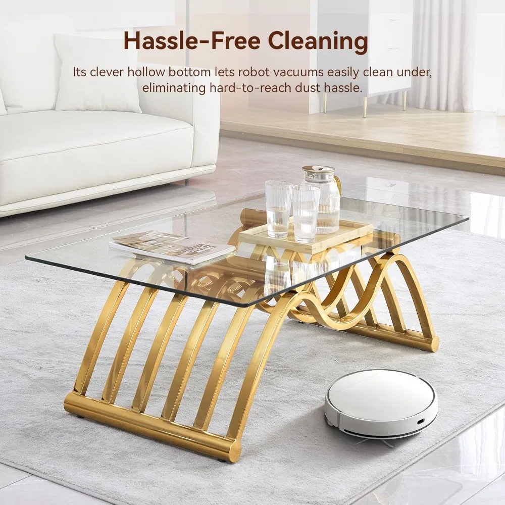Gold Glass Coffee Table, 47 Tempered Clear Glass Top, Stainless Steel Frame, Unique Decorative Center Table, Modern Gold Coffee