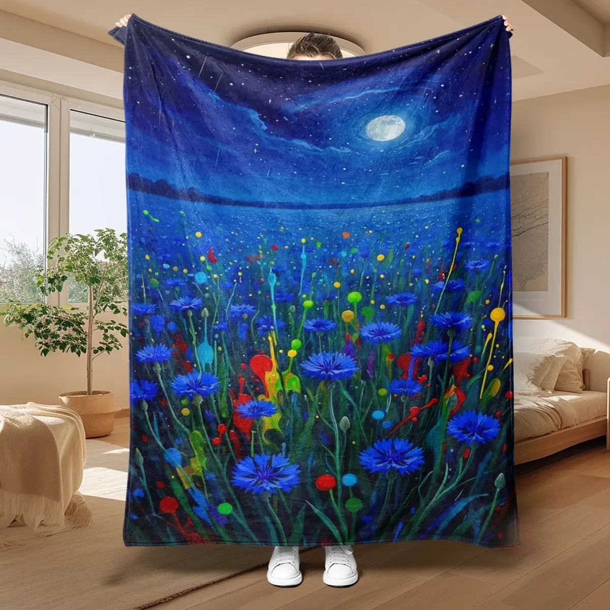 Cosmic Starry Night Galaxy Floral Pattern Blanket Throw Boho Aesthetic Decor Bedspread Large Size 150x200cm