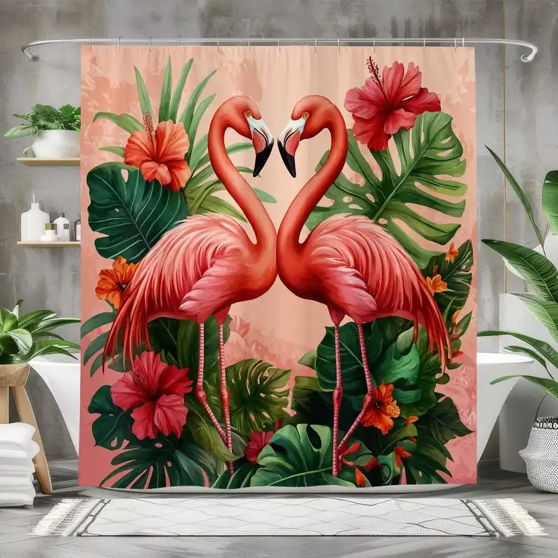 

Pink Flamingo Shower Curtain, Waterproof Fabric Bath Curtain, Tropical Floral Bathroom Decor Hibiscus and Monstera Leaves