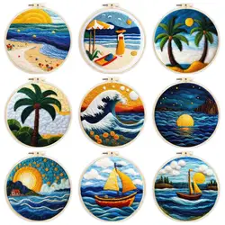 CHENISTORY Needle Felt Starter Set Beach and Sea Felt Painting Kit for Beginners Wool Needle Felt Set Used for Home Decoration