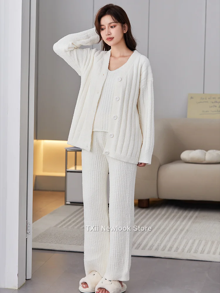 Pajamas Women\'s Winter New Half-side Velvet Three-piece Set Sling Nightgown Pants Thickened Internet Popular Style Home Clothes