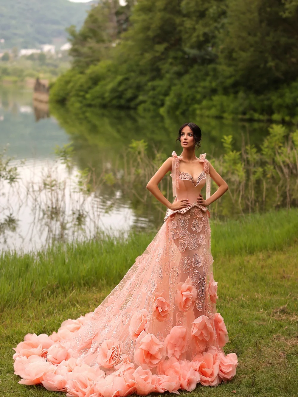 

Charming Spaghetti-Strap Evening Dress Elegant 3D Floral Strapless Party Gown Exquisite Sleeveless Floor-Length Party Dress فس