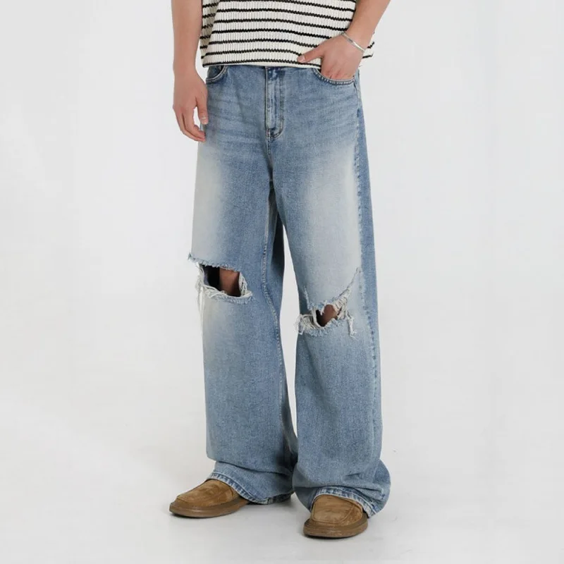 

Summer New Fashion Men's Washed Straight Hole Patched Loose Wide Leg Blue Jean Trousers Male Casual Trendy Denim Pants Clothes