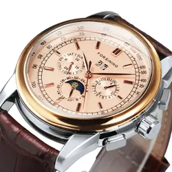 Forsining Moon Phase Auotmatic Mechanical Watches Men Rose Gold Case Brown Genuine Leather Strap Mechanical Watches For Men