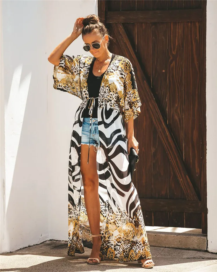 Damskie stroje kąpielowe Kimono Cover Up Otwarty przód Luźny kardigan Maxi Leopard Strój kąpielowy Kostiumy kąpielowe