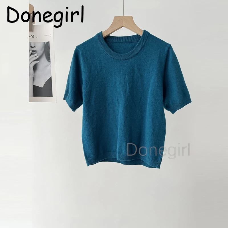 Donegirl Women\'s New Fashion Versatile Solid Simple Short Sleeve Round Neck Knitted Female Chic Elegant Pullover Top