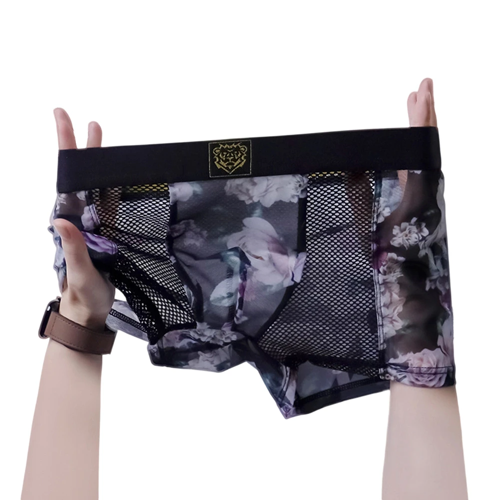 Men Retro Print Mesh Boxers Underwear Breathable Briefs Extreme Men's Panties High Elastic Translucent Trunks Men's Underpants