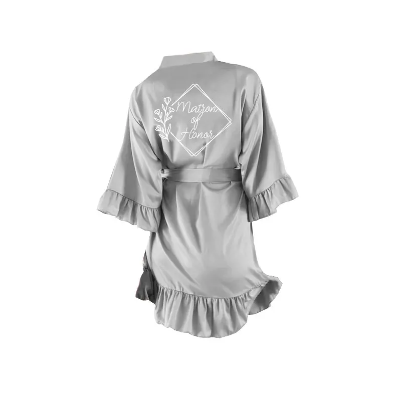 AlterEgo A050 Saturn Gray Ruffled Robes with White Printing Ruffle Bridesmaid Robes Bride Wedding Party Dressing Gown Women Robe