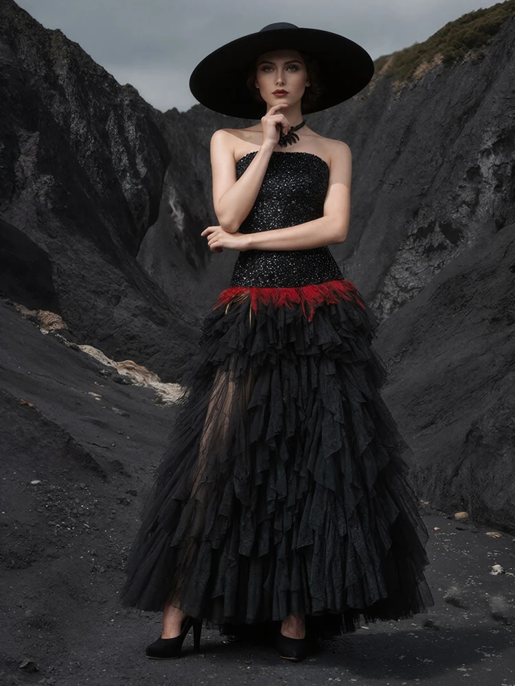 VC Strapless Sequin Patchwork Evening Dress Women Feather Waist Tulle Layered Maxi Gown For Wedding Guest & Banquet Occasions