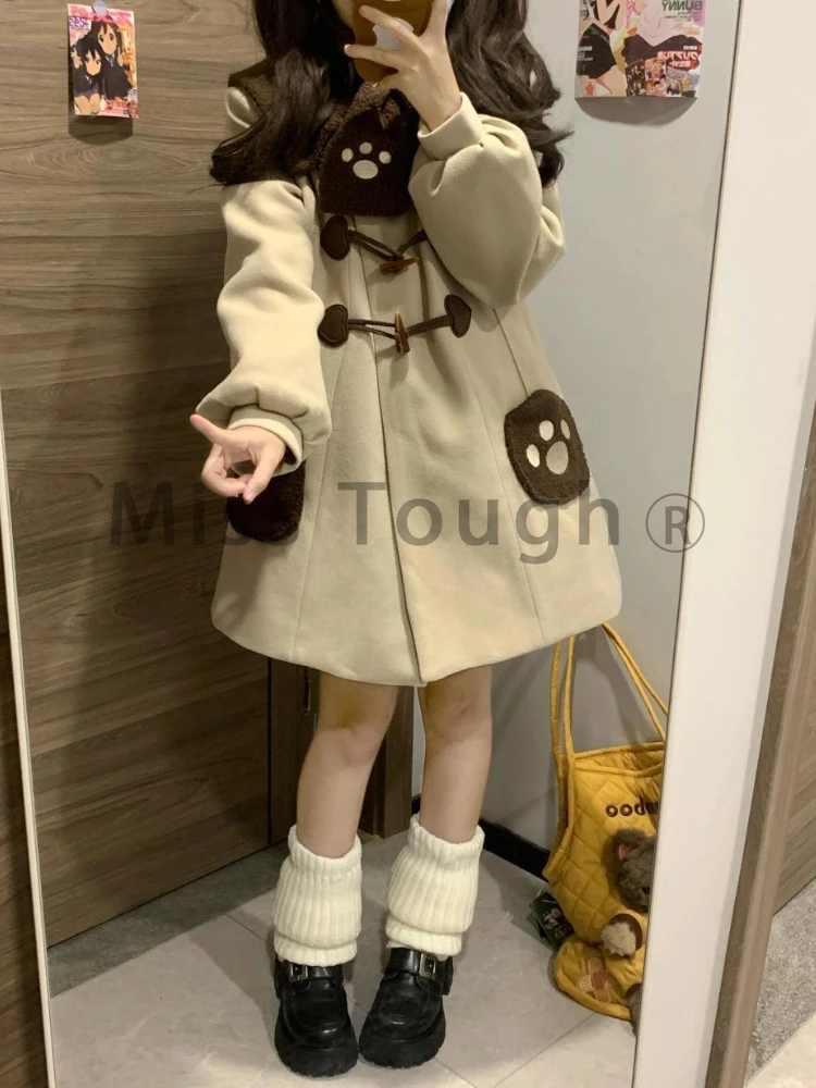 Winter Harajuku Sweet Woolen Coat Women Winter Navy Collar Preppy Style Warm Jacket New Fashion Design Japanese Kawaii Clothing