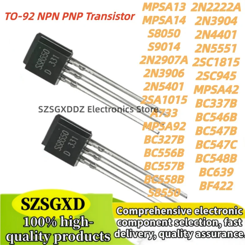 100PUds S8050 S8550 2N5401 Bc547B 2N4401 2Sa1015 Bc547 2N3904 2N7000 2N2222A 2N5551 2N3906 Bc337B Bc557B TO92 NPN PNP Transistor