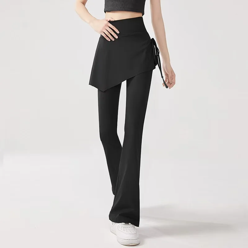 DFCF Women's High-Waisted Flared Yoga Pants with Two-in-One Skirt Overlay, Tassel Details, Fitness Base Layer