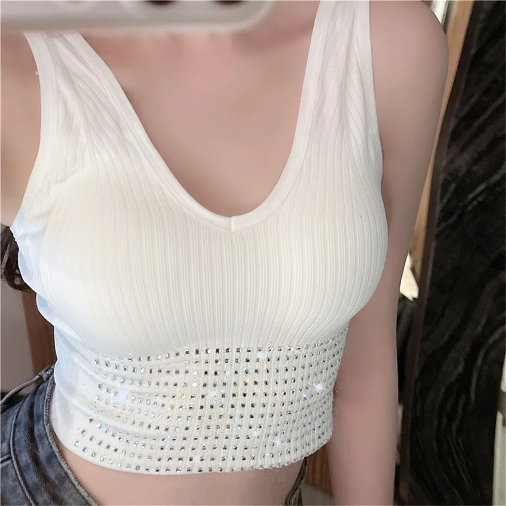 Summer Crop Top Women With Rhinestones O-neck Sleevelss Cropped Feminino Camisole Vest Sexy Knit Backness No Rims Tee Top Corset