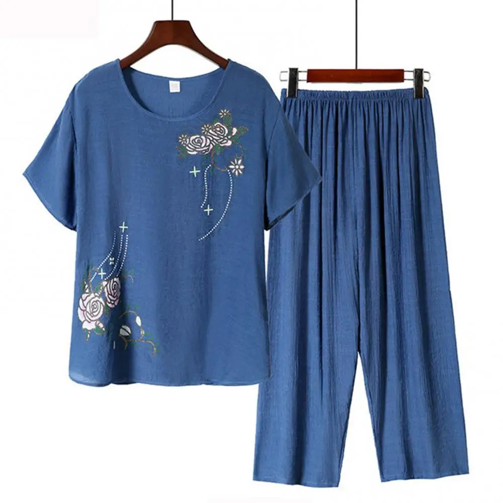 Summer Pant Two Pieces Set Women Short Sleeve Elegant Floral Print Suits T-shirt Loose Pants Sets Outfit Middle-aged