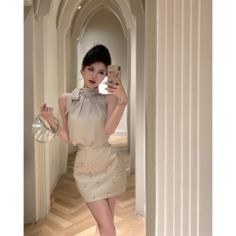 Temperament Fashion Satin Neck Hanging Lace Up Vest Skirt Two-piece Set Women Diamond Shirring Sleeveless Slim Summer Chic Wear