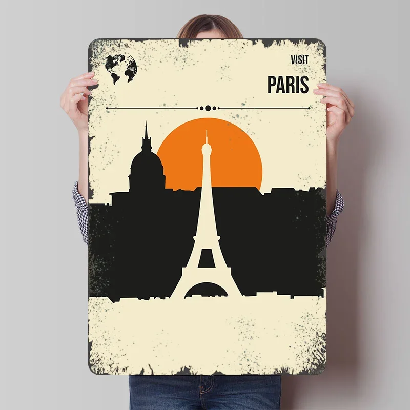 Visit Paris Travel Poster Customized Wall Art Vintage Metal Signs Retro Tin Plaque for Man Cave Home Decor Living Room Wand Deko