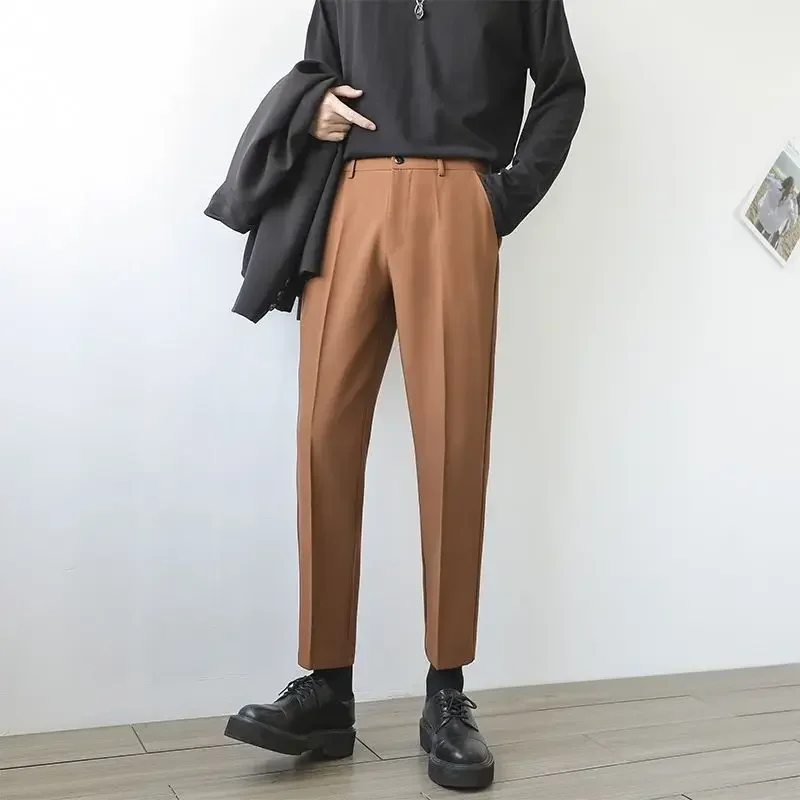 Khaki Office 9 Cropped Tressed Straight Trousers for Men Work Man Suits Pants Slim Fit Vintage Luxury Korean Reviews Many New In