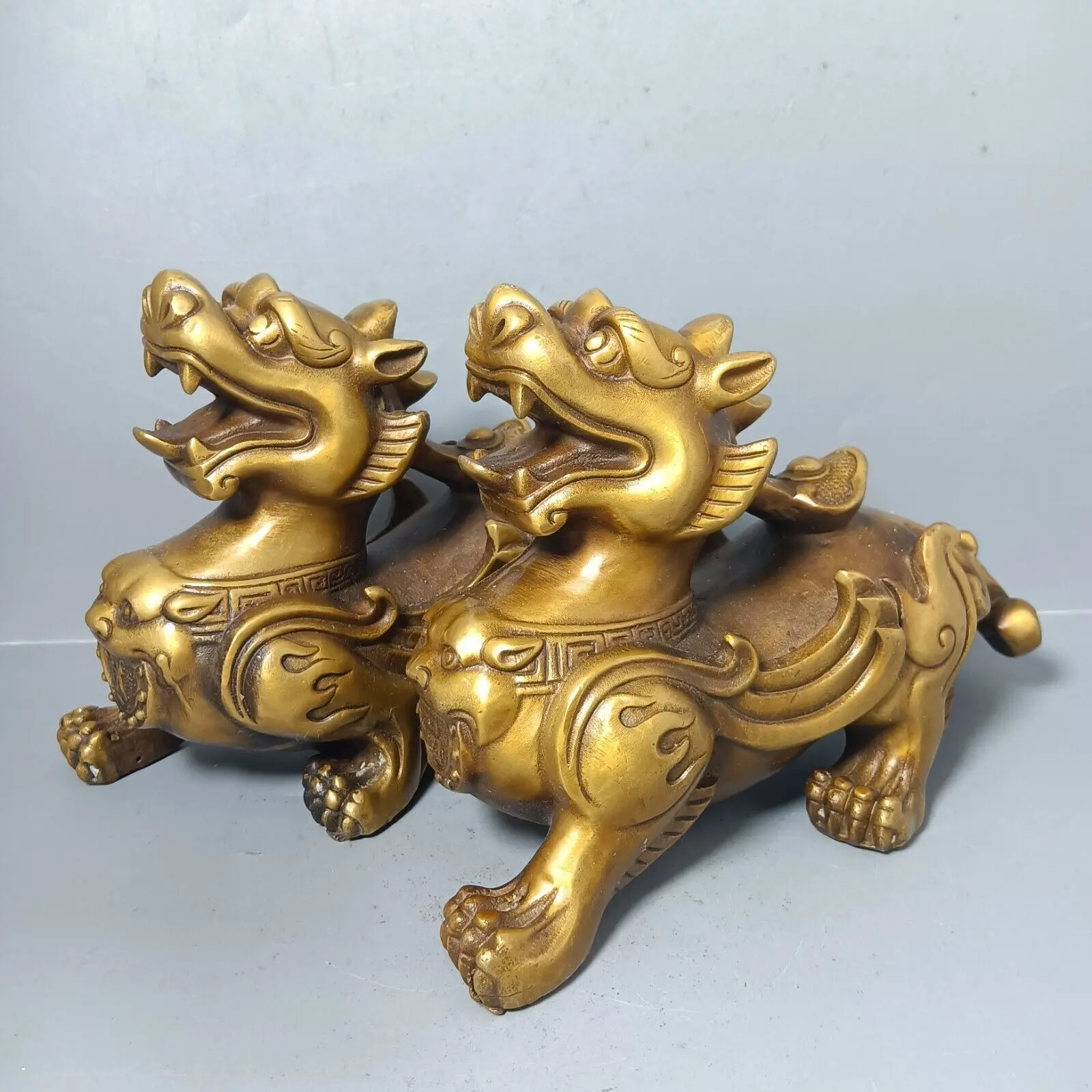 Collectable A Pair Chinese Copper Brass Hand Made Lucky PiXiu Statue Sculpture