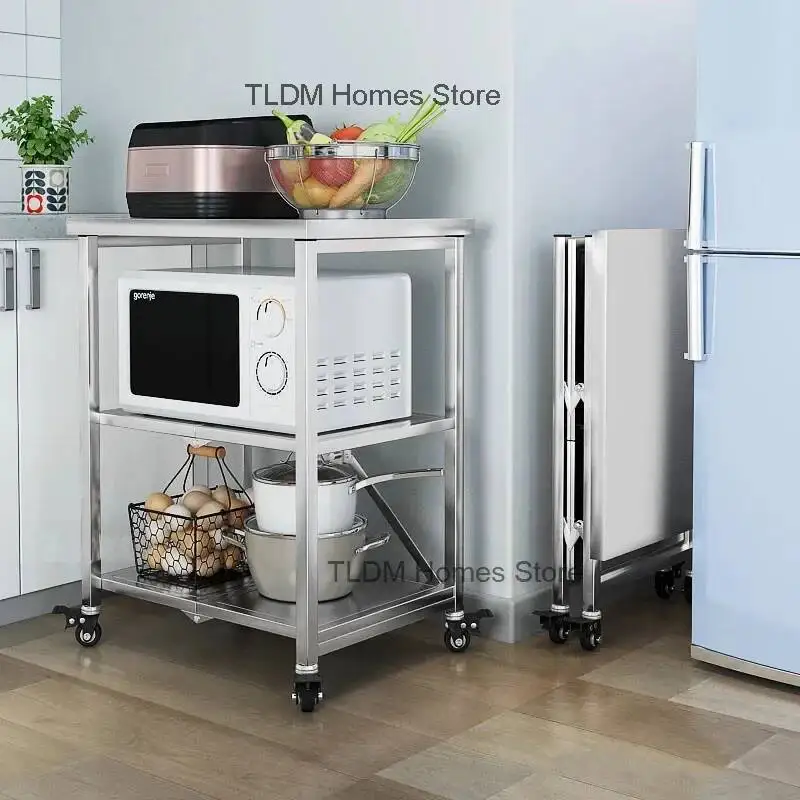 Shelf Foldable Mobile Cart Shelf for Kitchen Island Stainless Steel Trolley Kitchen Floor-to-ceiling Cart Home Organizer Cart