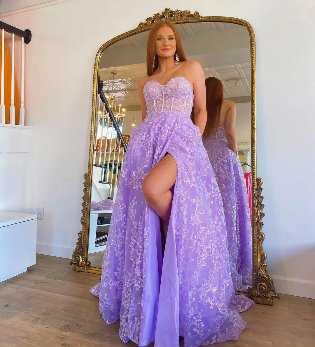 Lilac Evening Party Dress Embroidered Butterfly 2022 Robe De Soiree Detachable Sleeves Lavender Prom Gowns Lady Pageant Slit