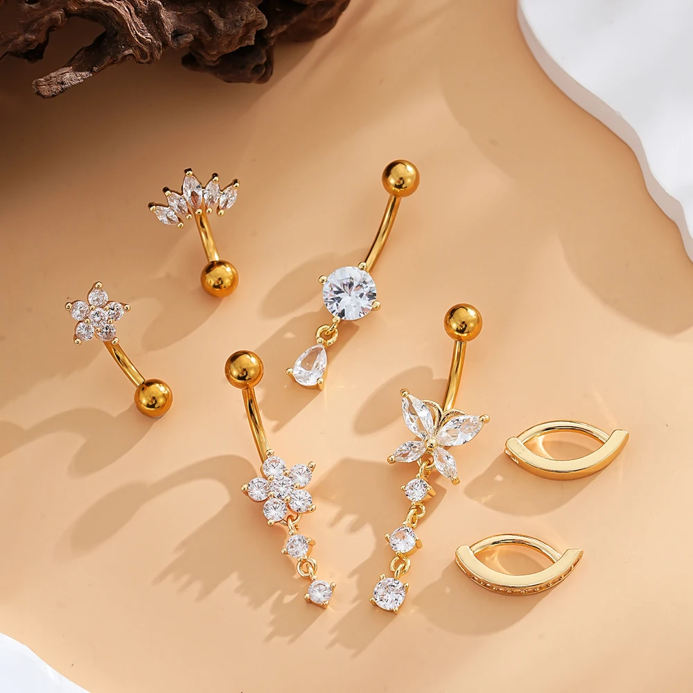 3-8pcs/lot Mixed-Style Belly Button Ring Sets Long Dangled Curved Navel Piercing Nombril Ombligo Women 14G Butterfly Belly Rings