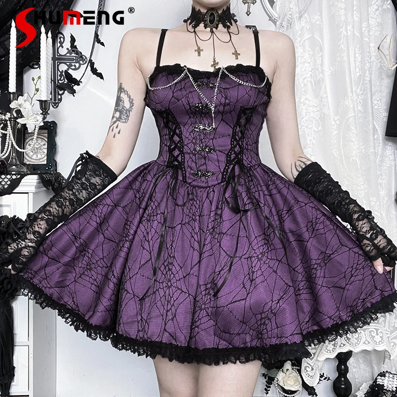 

2025 Autumn New Japanese Halloween Dark Gothic Style Strap Dress Soft Girl Princess Dresses Women's Clothing Y2k Cool Vestidos